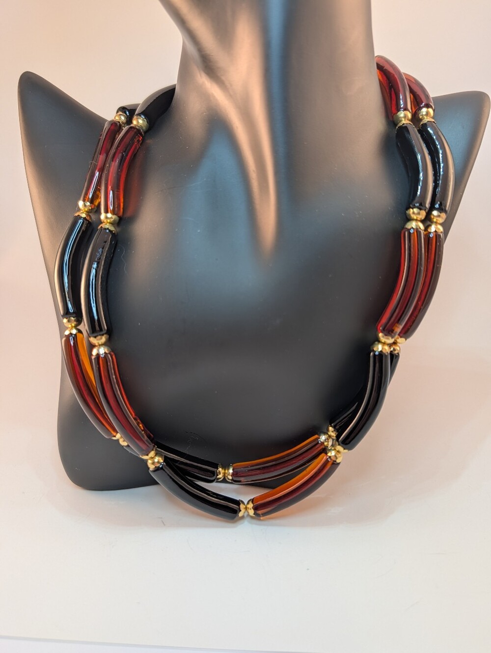 Elegant Double Strand Black and Amber Colored Multi-Strand Bead Necklace